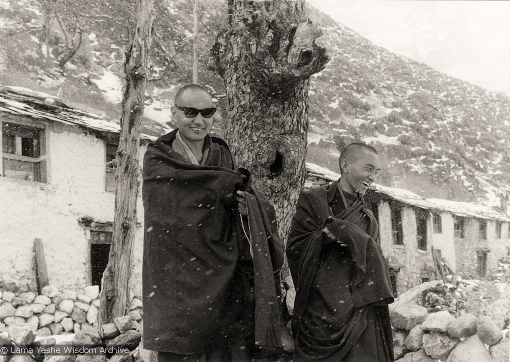 (12028_pr-3.psd) Lama Yeshe (left) and Lama Zopa Rinpoche. Photo from the first trek to Lawudo Retreat Center in Nepal, spring of 1969. Lawudo was the hermitage of the Lawudo Lama, the former incarnation of Lama Zopa Rinpoche. Photos by George Luneau.