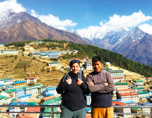 Yas was delighted she made it to Namche, after a difficult climb. Here she is with Amber. Photo Amrit Bawa.