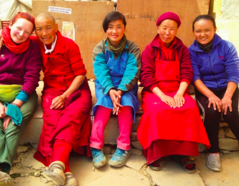 Some of Ani Samten-la’s helpers at Lawudo: Simone, Ani Lobsang Drolkar, Lakshmi, Ani Ngawang and Sangpo. Photo Kristina Mah.